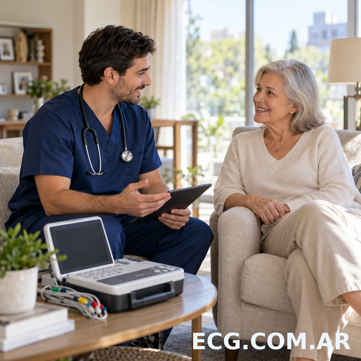 Profesional de cardiología conversando con una paciente durante una visita domiciliaria