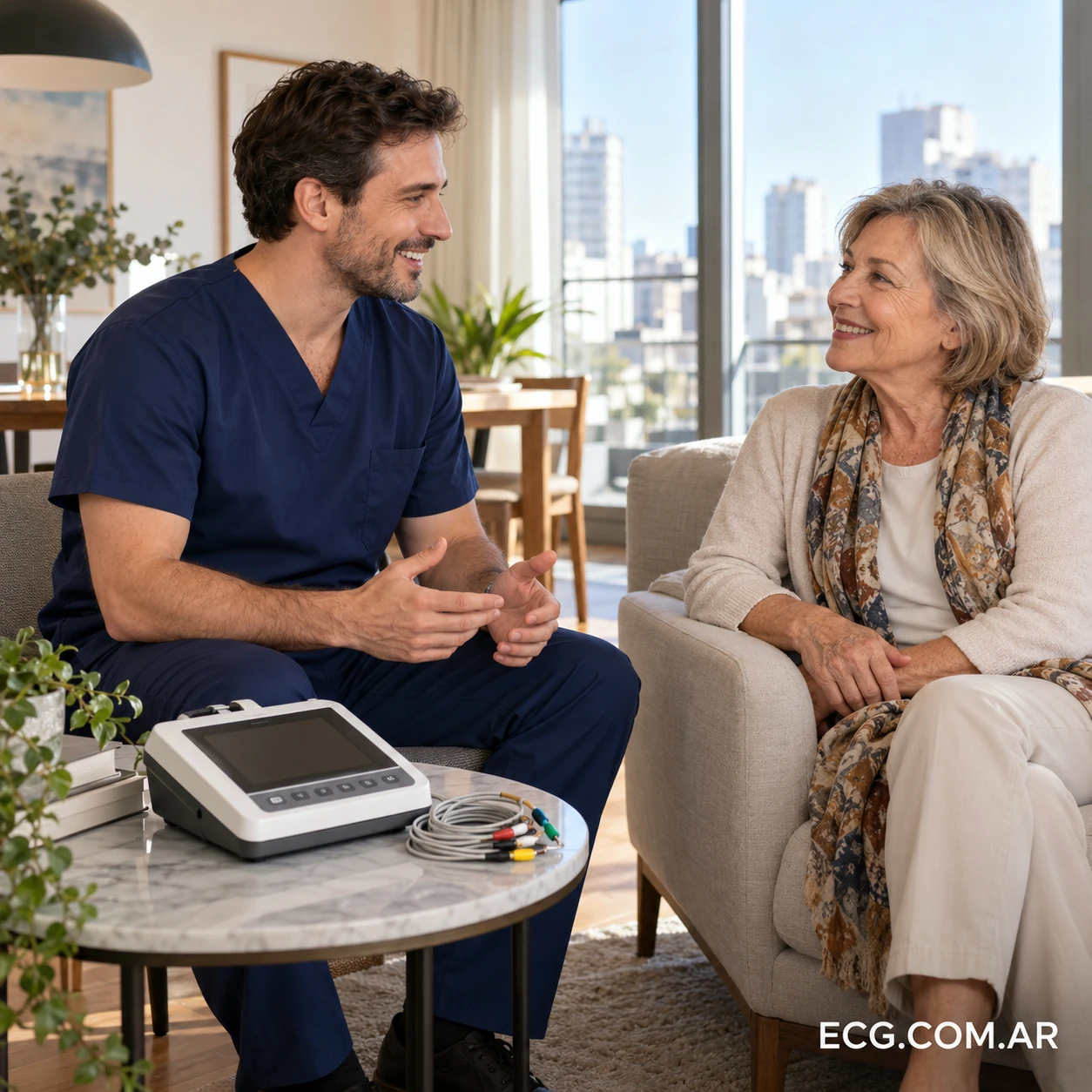 Profesional realizando un electrocardiograma a domicilio