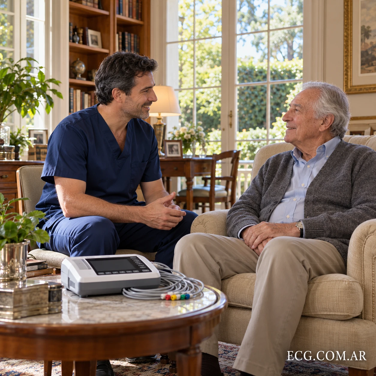 Profesional realizando un electrocardiograma a domicilio