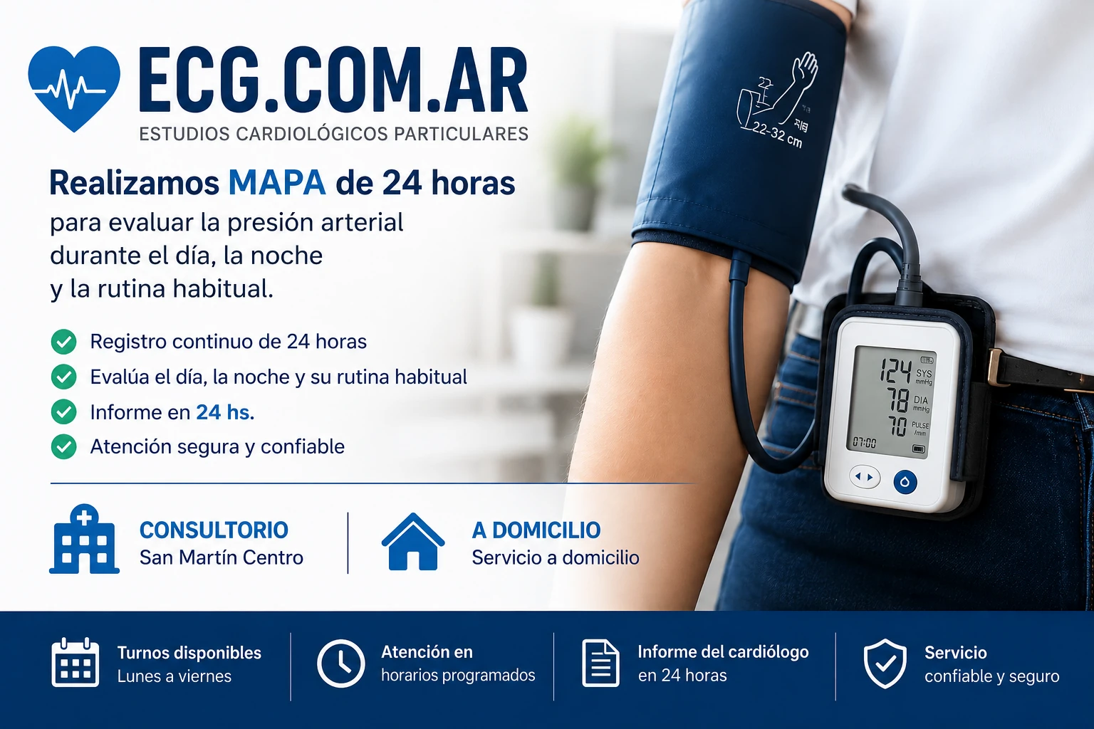 Estudios Cardiológicos. Presurometría MAPA. Servicio particular en consultorio y a domicilio.